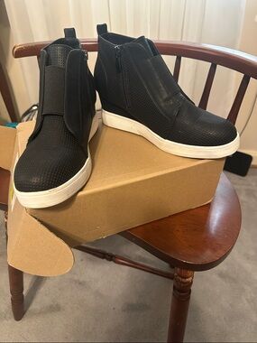 Black Slip-On Wedge Sneakers with White Soles